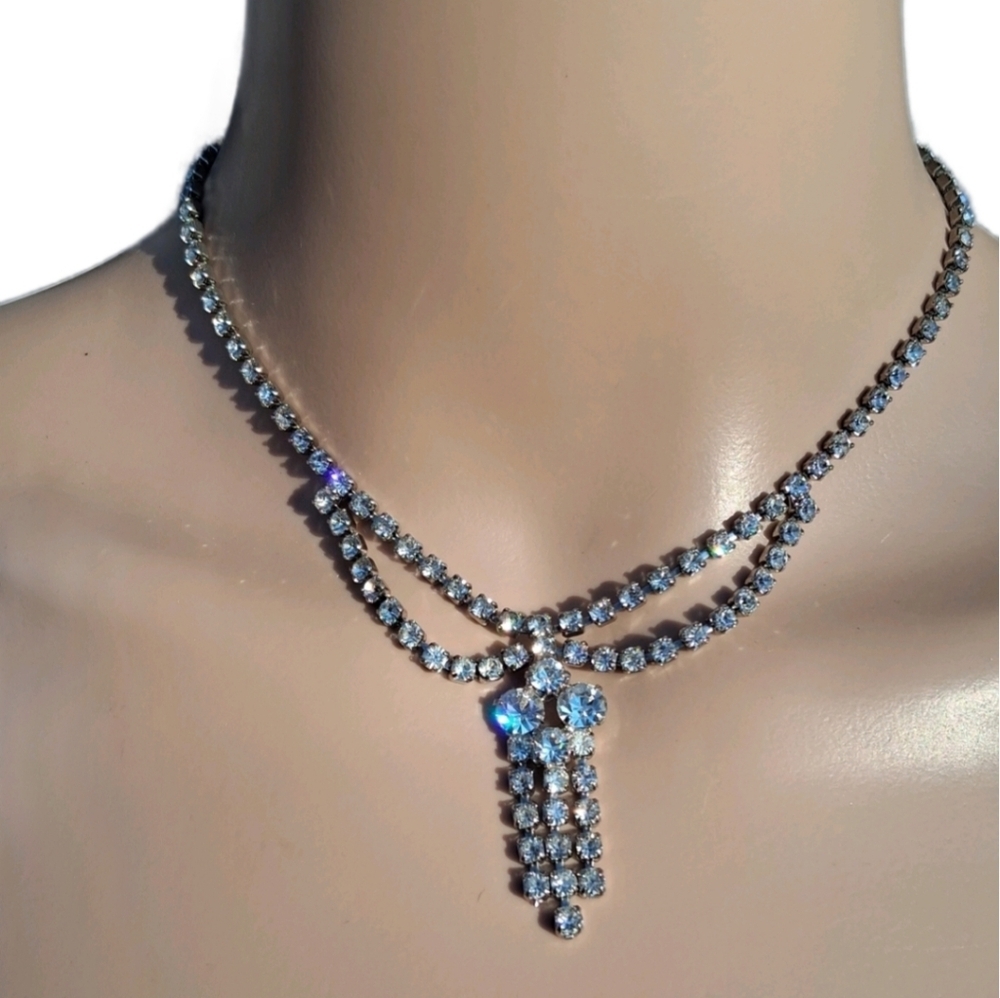 Vintage 1950s Ice White Rhinestone Fringe Drop Necklace - Shimmering Blue Flash